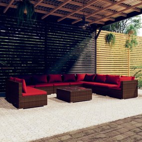 vidaXL 11 pcs conjunto lounge jardim c/ almofadões vime PE castanho
