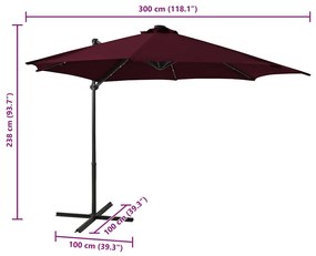 Guarda-sol jardim cantilever c/ poste e luzes LED 300 cm bordô