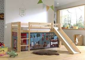 Cama alta de Criança PINO 90 x 200 cm + estrado + escada + escorrega + cortina Animais Natural