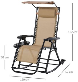 Espreguiçadeira de balanço de jardim dobrável reclinável com toldo de proteção solar Estrutura de aço 120x67x102 cm Bege escuro