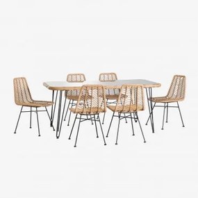 Conjunto De Mesa Retangular Em Vime Sintético (180x90 Cm) Leribert E 6 Cadeiras De Jantar Em Rattan Sintético Gouda Natural Natural & Sem Almofada -