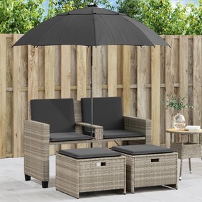 vidaXL Sofá de jardim 2lugares c/guarda-sol bancos vime PE cinza-claro