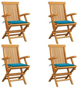 Cadeiras de jardim c/ almofadões azuis 4 pcs teca maciça