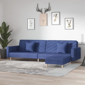 vidaXL Sofá-cama de 2 lugares com 2 almofadas/apoio de pés tecido azul