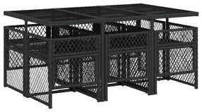 7 pcs conjunto de jantar p/ jardim c/ almofadões vime PE preto