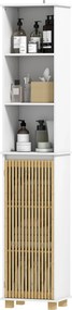 Armário de casa de banho, móvel de arrumação para casa de banho com porta de ripas de bambu e compartimentos abertos 35 x 26 x 173 cm branco