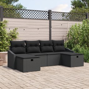Conjunto de Sofá de Jardim de 6 Peças com Almofadas Preto Rattan Polié