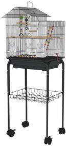 PawHut Gaiola para Passáros Gaiola de Metal com Portas 4 Comedouros 3 Poleiros Baloiço Escadas e Bandeja Removível 46x36x120 cm Preto