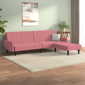Sofá-cama de 2 lugares com banco veludo rosa
