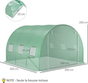 Lona de substituição de 9 m², lona 3 x 3 x 2 m para estufa em túnel (ESTRUTURA NÃO INCLUIDA)  em PE anti-UV, impermeável, com 6 janelas + porta enrolá
