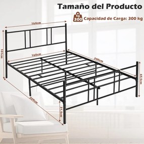 Estrutura de cama casal em metal com cabeceira, ripas de aço para colchão 160 x 200 cm preto, COLCHÃO NÃO INCLUÍDO