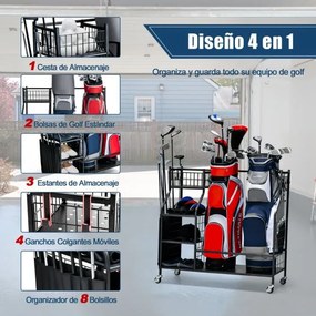 Estante para sacos de golfe Estante dupla para sacos de golfe com rodas universais bloqueáveis Suporte para tacos de golfe 95 x 40 x 94 cm