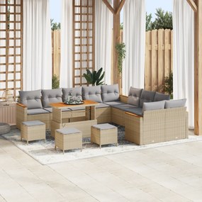 Conjunto de Sofá de Jardim de 14 Peças com Almofadas Bege Vime Sintético Acácia