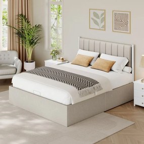 Estrutura de cama 160 x 200 cm (COLCHÃO NÃO INCLUIDO) com arrumação sob a cama; cabeceira em bege cappuccino