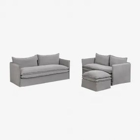 Conjunto De Sala Com Sofá De 2 Lugares, Sofá De 3 Lugares E Pufe Em Linho E Algodão Grace Tecido Cinzento Escuro - Sklum