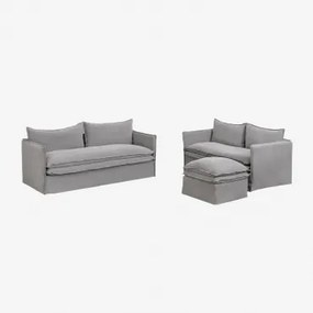Conjunto De Sala Com Sofá De 2 Lugares, Sofá De 3 Lugares E Puff Em Linho E Algodão Grace Tecido Cinzento Escuro - Sklum