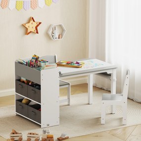 Conjunto de mesa e 2 cadeiras infantis em madeira com rolo de papel, prateleiras e gavetas, para meninas e meninos dos 3 aos 8 anos, cinzento