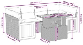 7 pcs conjunto sofás p/ jardim c/ almofadões vime PE cinzento