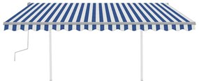 Toldo retrátil manual com postes 4,5x3,5 m azul e branco