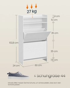 Sapateira, Armário para sapatos com 2 portas 24 x 60 x 102,8 cm, estreito, divisória ajustável, branca