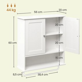 Armário de parede com portas casa banho 20 x 56 x 60 cm, toalheiro e compartimento aberto Branco