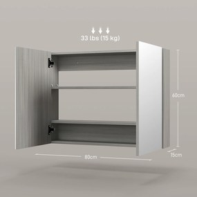 Armário de parede para casa de banho com espelho 80 x 15 x 60 cm, móvel de casa de banho, portas duplas e prateleiras ajustáveis, cinzento