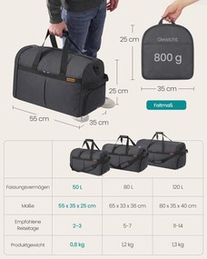 Saco de desporto dobrável 50 L com bolsos para sapatos e para roupa molhada cinzento