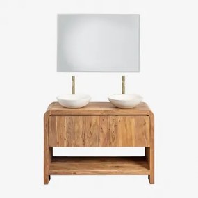 Conjunto De Móvel De Casa De Banho Em Madeira Vacry Castanho Acácia & 2 X Cimento Branco Redondo Ø40 Cm Zavion & Led - Sklum