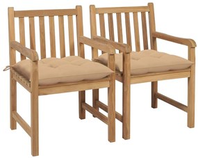 Cadeiras de jardim c/ almofadões beges 2 pcs teca maciça