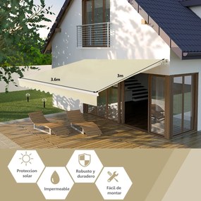 Toldo retrátil 3,6 x 3 m em alumínio com manivela e poliéster impermeável para exterior Bege