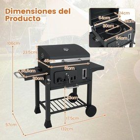 Churrasqueira XXL portátil com tampa e 2 mesas laterais dobráveis, 3 ganchos 2 rodas e abridor de garrafas 132 x 57 x 106 cm preto