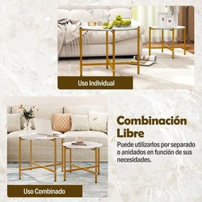 Conjunto de 2 mesas de centro redondas com tampo em imitação de mármore brancas