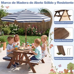Conjunto de mesa de piquenique para crianças com 2 bancos de madeira, guarda-sol dobrável e ajustável, almofadas para uso interior e exterior, azul-ma
