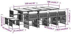 13 pcs conjunto de jantar p/jardim com almofadões vime PE preto