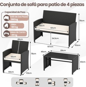 Conjunto de jardim em rattan com 4 peças: sofás de 2 lugares, mesa de vidro temperado e almofadas para exterior, varanda ou piscina, Preto+creme
