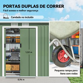 Abrigo de Jardim 280x130x172cm Abrigo de Exterior de Aço Galvanizado com Porta Corredeira e Ventilações Verde Claro