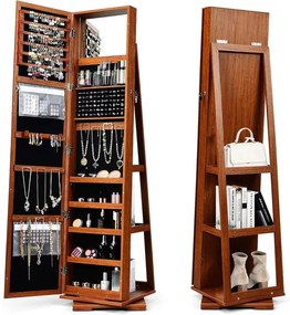 Armário para joias 39×39×161cm com espelho corpo inteiro para joias com prateleiras com fechadura giratória de 360° Castanho