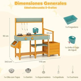Cozinha de brincar ao ar livre para crianças de madeira 115 x 34,5 x 92 cm com jardineira Pia removível Torneira Fogões Depósito de água amarelo