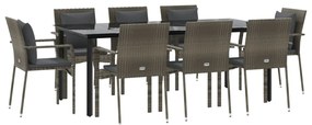 9 pcs conjunto jantar jardim c/ almofadões vime PE preto/cinza