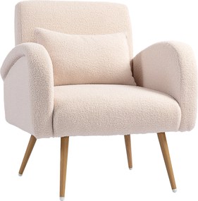 Poltrona de sala em tecido Teddy, cadeira estofada, assento largo, almofada lombar, pés em metal com efeito de madeira, bege