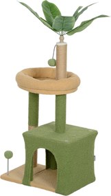 Arranhador para gatos 44 x 30 x 98 cm torre de brincadeiras com compartimentos abertos, cama, arranhadores, bolas e folhas artificiais  verde