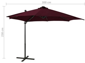 Guarda-sol jardim cantilever c/ poste e luzes LED 300 cm bordô