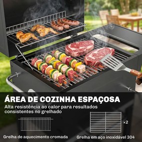 Grelhador de Carvão Portátil com Grelha em Aço Inoxidável, Prateleira Lateral, Termómetro, Bandeja e Rodas, Preto