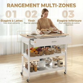 Carro de cozinha com rodas 108,8 x 51 x 92,5 cm, ilha central de cozinha com bancada, gaveta, prateleiras, toalheiro, branco