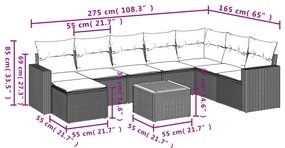 9 pcs conjunto de sofás p/ jardim c/ almofadões vime PE preto