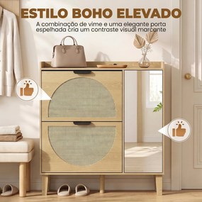 Sapateira Estreita Boho com Espelho 2 Portas em Rattan Armário 10 Pares Prateleiras Ajustáveis 94,5x24x96,5 cm Cor Carvalho