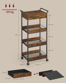 Carrinho de cozinha com 4 prateleiras e rodas 30 x 46,2 x 96,1 cm Castanho vintage + Preto