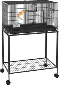 PawHut Gaiola para Pássaros com Rodas 77x46x119 cm Bandeja Amovível 2 Poleiros 2 Comedouros e Prateleira de Armazenamento Preto | Aosom Portugal