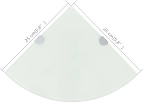 Prateleira canto, suportes cromados, vidro branco 25x25cm