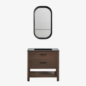 Conjunto De Móvel De Casa De Banho 90x50 Cm Em Madeira Com Lavatório Integrado Misene Madeira Escura & Oval Com Prateleira Preto 50x90 Cm - Sklum